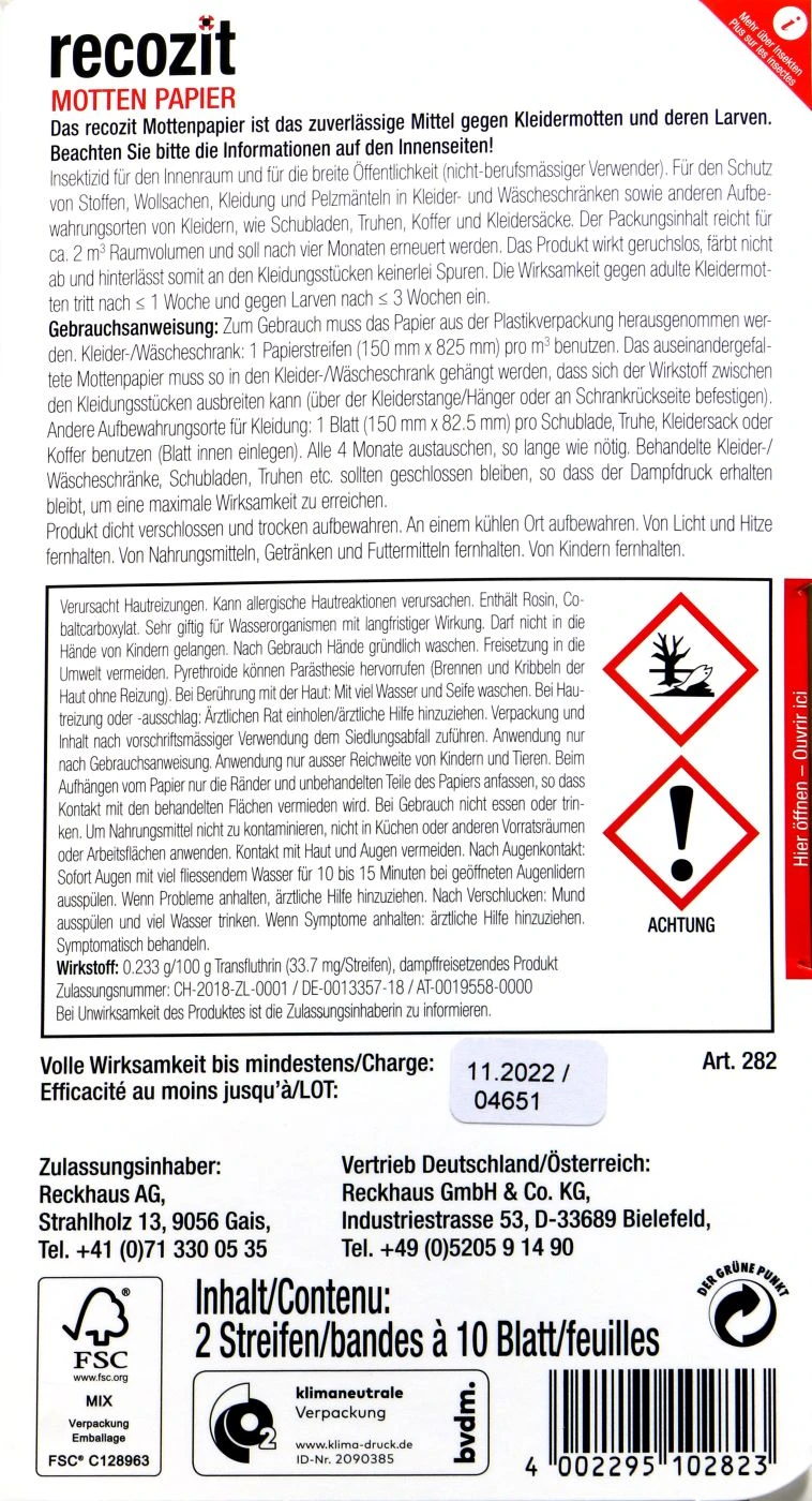 Recozit Mottenpapier - 2 Stück 2 Recozit Mottenpapier - 2 Stück – Bild 2